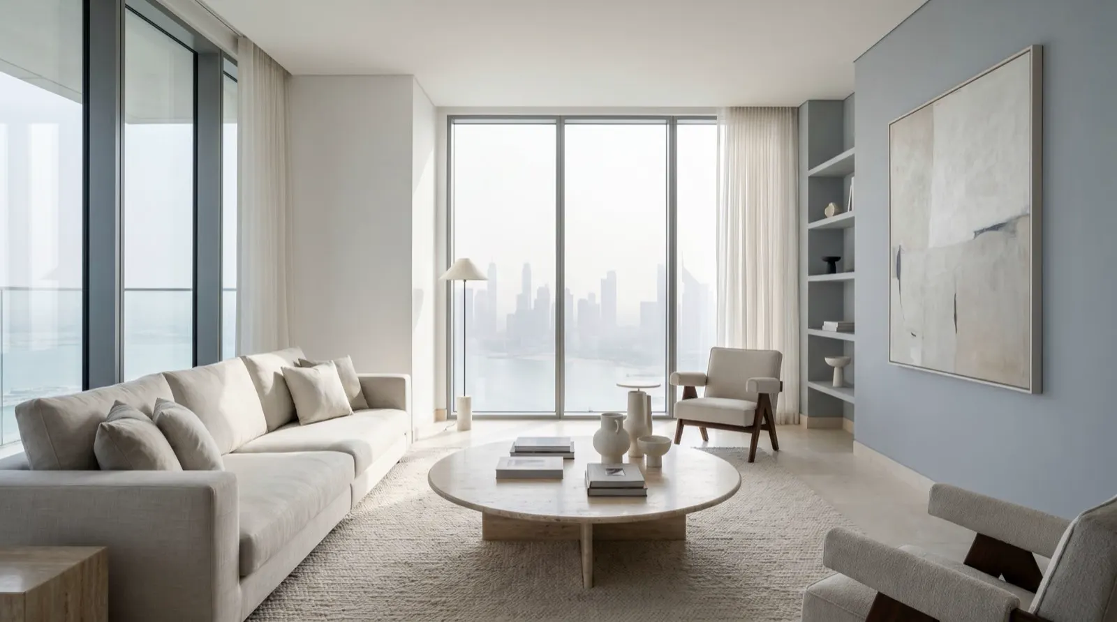 Bright modern Dubai apartment living room, a typical holiday home interior