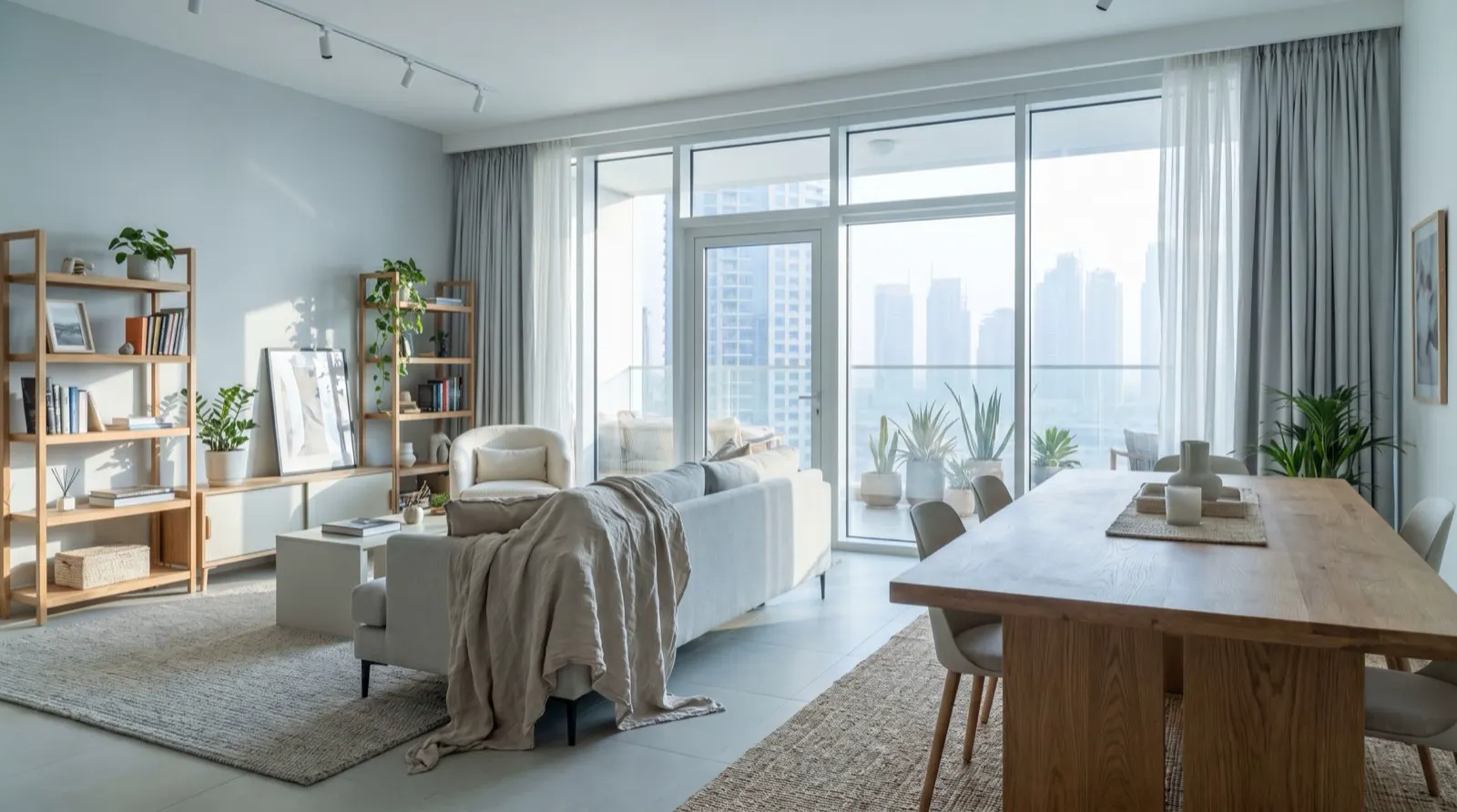 Bright Dubai apartment in soft morning light