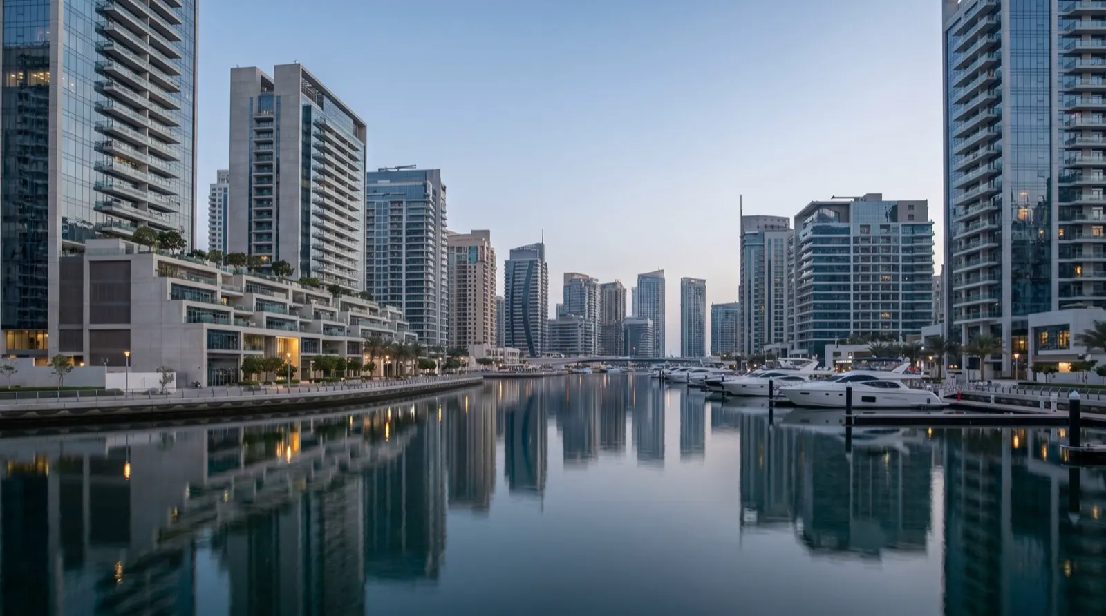 Dubai waterfront residential towers at dusk