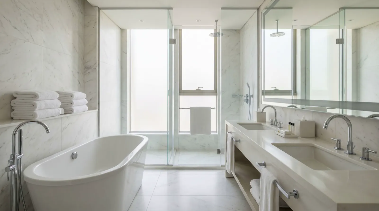 Clean modern hotel-style bathroom in a premium Dubai short-term rental