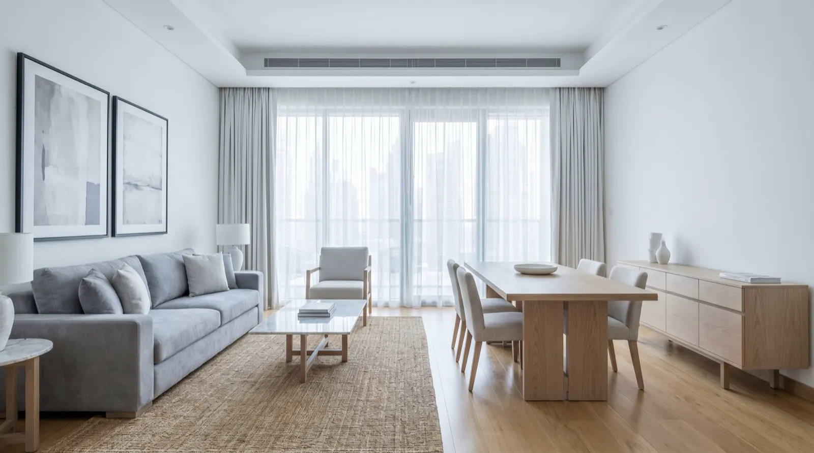 Professionally staged Dubai short-term rental living and dining space