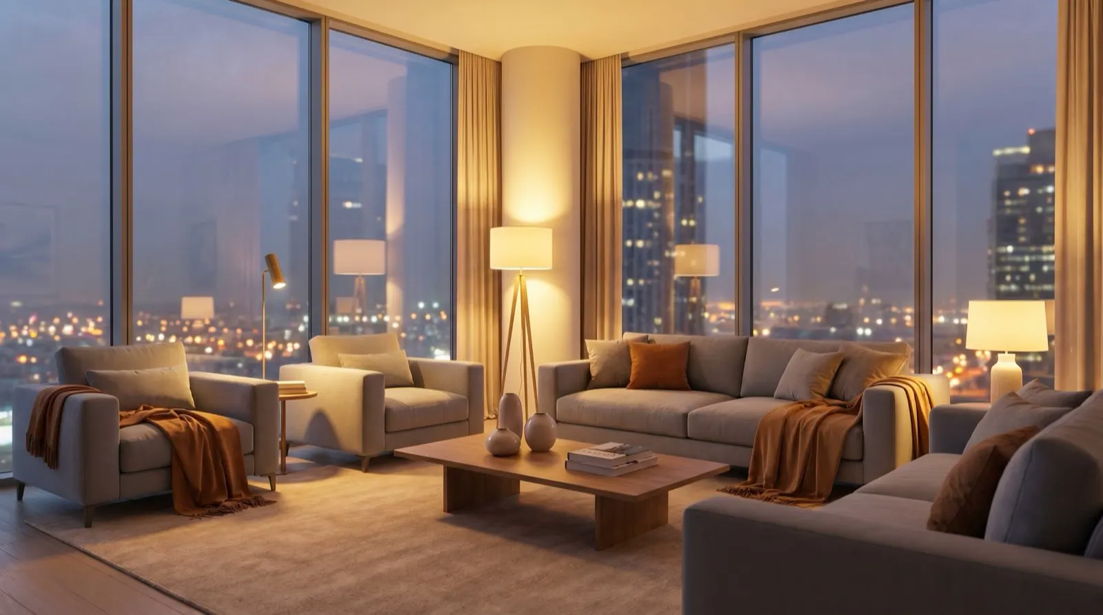 Calm modern Dubai apartment living room in evening light