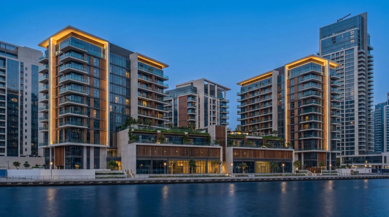 Dubai residential apartment towers at dusk